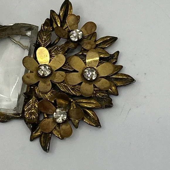 Antique Crystal Brass Faceted Glass Floral Huge Cornucopia Brooch Rare Statement